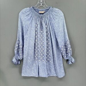Rungolee Blouse Small‎ Blue Embroidered Balloon Sleeve Tunic Boho Floral Peasant